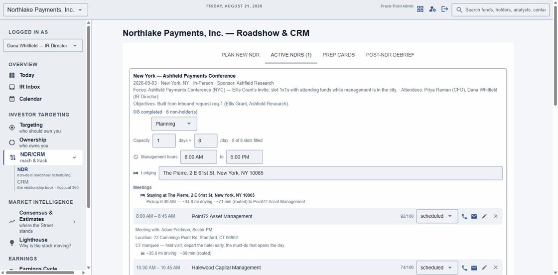IRconnect NDR roadshow itinerary — a routed day of investor meetings