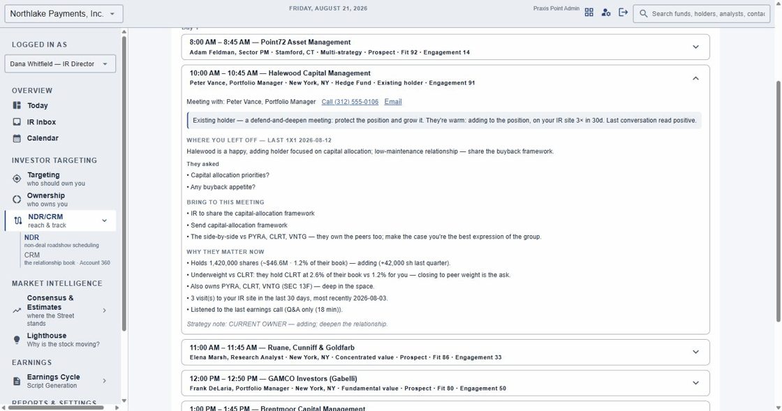 IRconnect meeting prep card — holder position, direction, and peer comparison