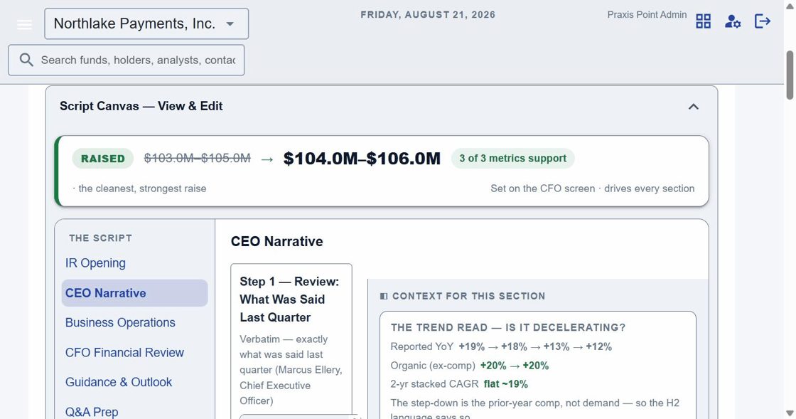 IRconnect AI earnings-script generation, side-by-side with analytics