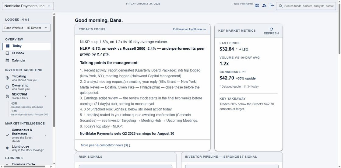 IRconnect Today dashboard — the morning brief: price, risk signals, and the day's priorities